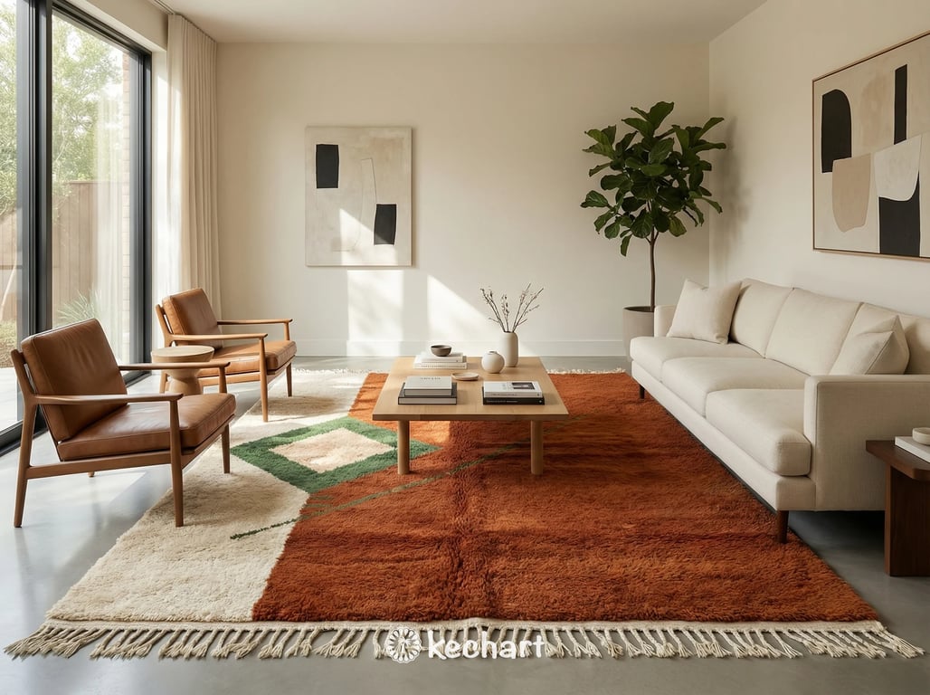 Handwoven Berber wool rug in a minimalist style room, highlighting the thick pile and warm organic colors of rust, pesto green, and classic beige.