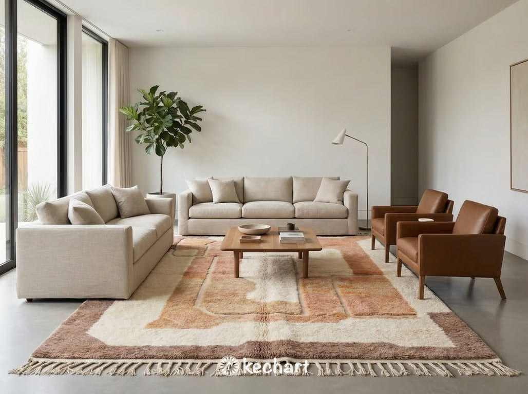 Handwoven Moroccan area rug in warm earth tones anchoring a bohemian modern living room sitting under a neutral linen sofa and rustic wooden coffee table.