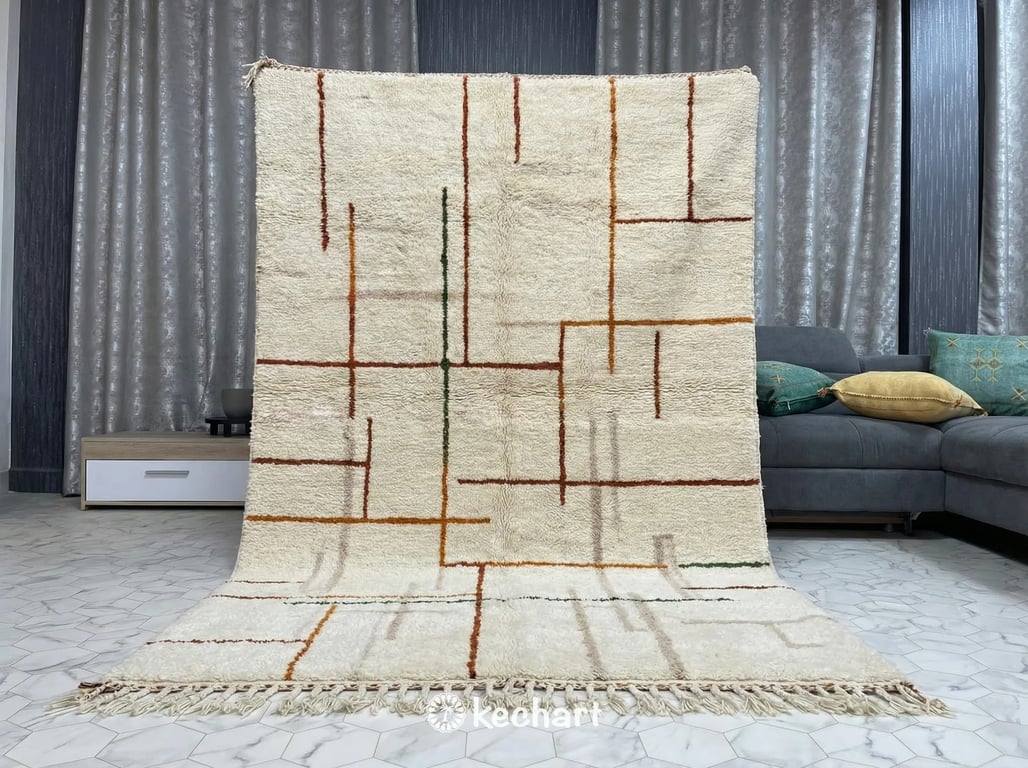 Small custom size Beni Ourain runner rug in an entryway hallway highlighting the geometric diamond design against hardwood floors.
