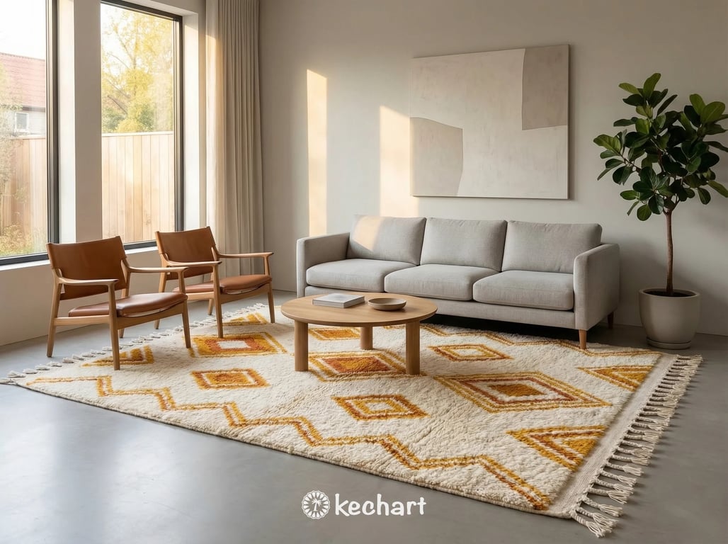 Large custom yellow Moroccan Beni Ourain area rug anchoring a contemporary living room with a neutral linen sofa, leather armchair, and rustic wood coffee table.