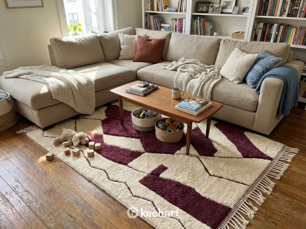 Custom Beni Ourain Moroccan Rug - Cream and Bordeaux Diamond Pattern