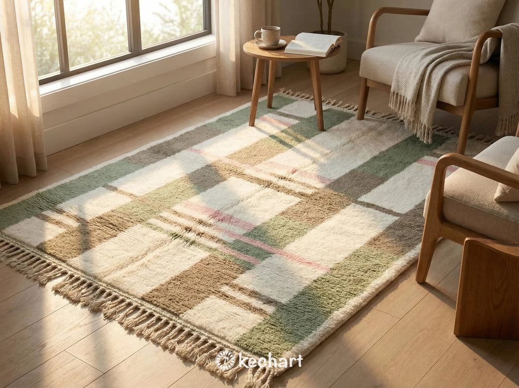 Custom Beni Ourain Rug - Handmade Moroccan Wool in Sage Green, Pink & White