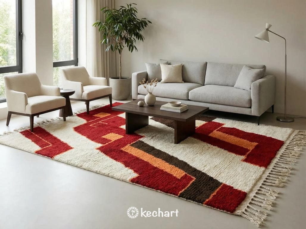 Plush shag Beni Ourain rug placed beside a bed in a cozy master bedroom, adding texture and warmth with its traditional Atlas mountain wool.