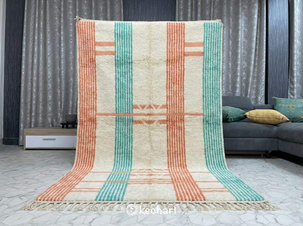 Custom Beni Ourain Rug - Handwoven Wool in Coral & Turquoise - Made to Order