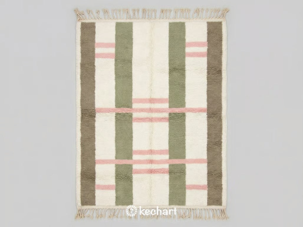 Handwoven Custom Beni Ourain Moroccan Rug showing plush wool texture and geometric diamond pattern in sage green, powder pink, soft white, and earthy taupe. Traditional fringe detail visible.