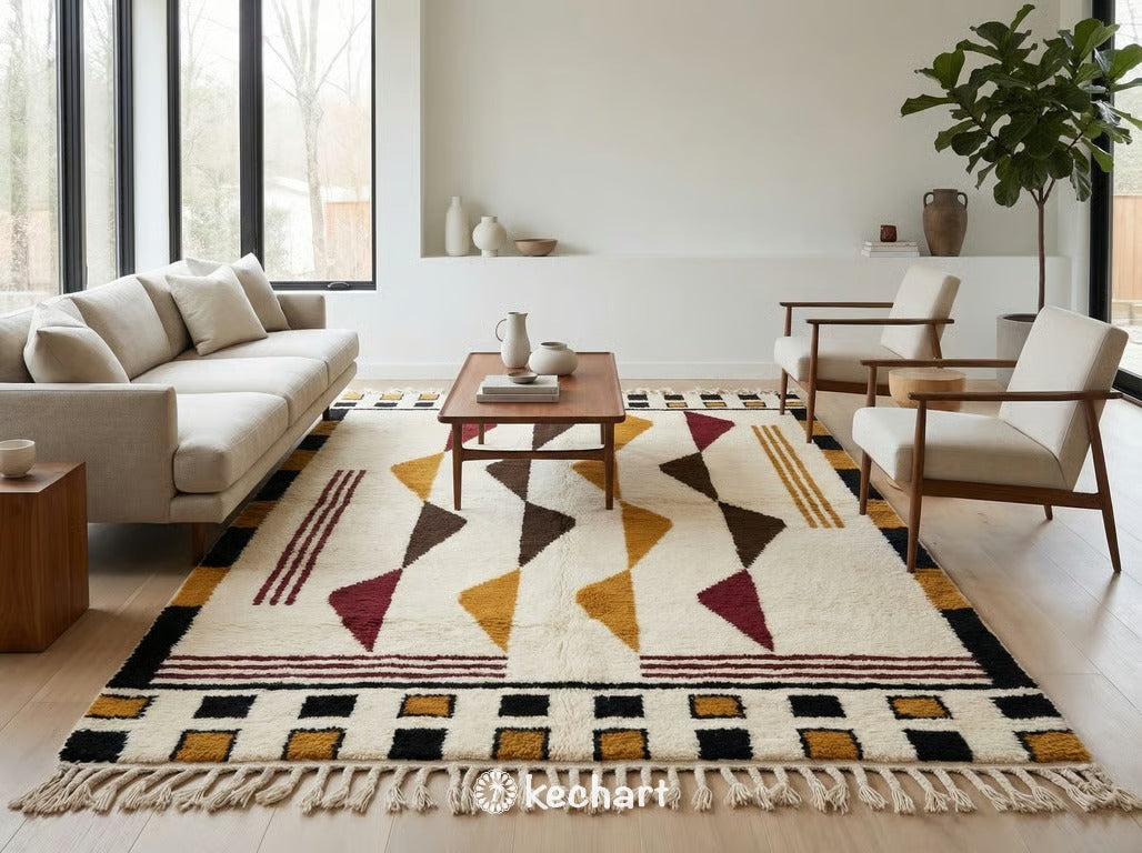 Close-up detail of hand-knotted Atlas wool fibers on a custom Moroccan rug, highlighting the thick pile and vibrant earth tone dyes