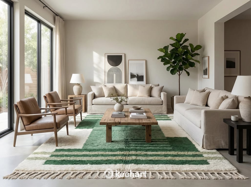 Handwoven green Moroccan area rug anchoring a modern minimalist living room setting with natural wood furniture.