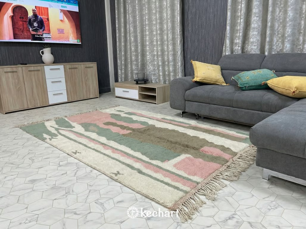 Custom Beni Ourain Rug - Handwoven Sage Green & Pink Wool - Made to Order