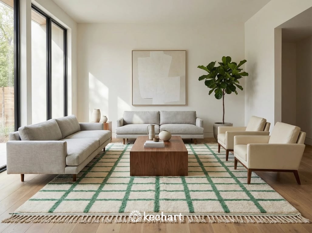 Plush Shaggy Berber Rug in Cream and Russian Green Wool Placed partially under a bed in a tranquil bohemian chic Bedroom setting.