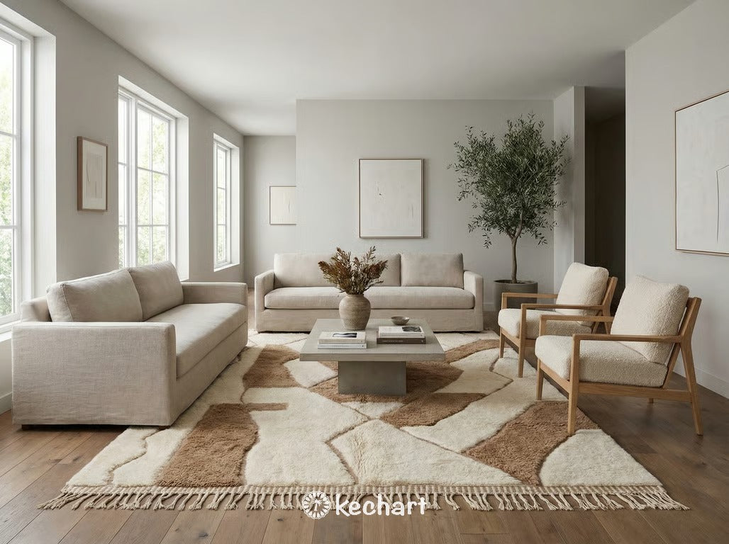 Scandi-modern nursery with a medium-sized, made-to-order fluffy Moroccan rug adding texture to wooden floors.