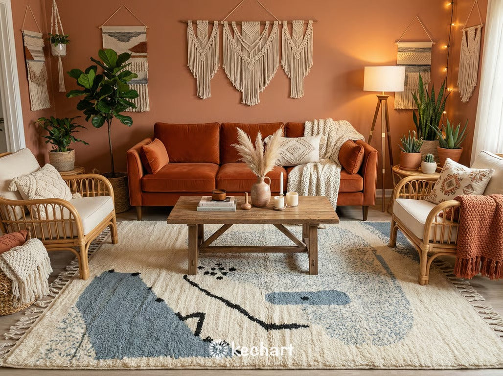 Large custom made Moroccan area rug in a modern minimalist living room, anchoring a white linen sofa and wooden coffee table with its cream and blue diamond design.