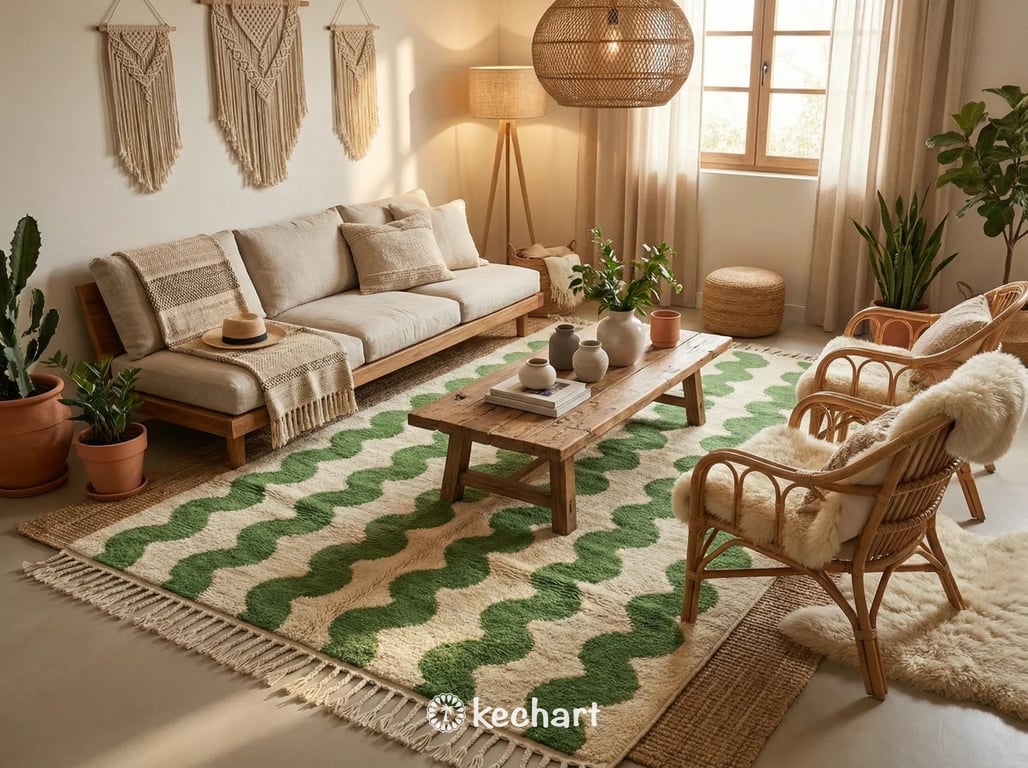Large custom Moroccan wool area rug in cream and leaf green anchoring a bohemian living room with a linen sofa and light wood coffee table.