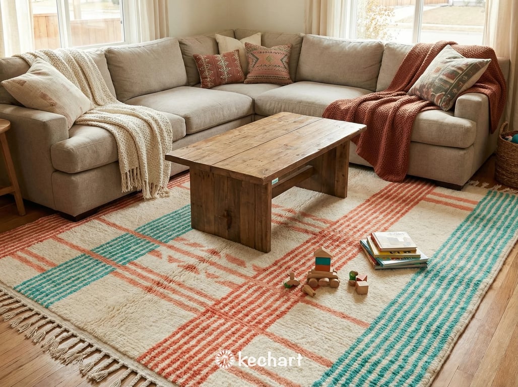 Custom Beni Ourain Rug - Handwoven Wool in Coral & Turquoise - Made to Order