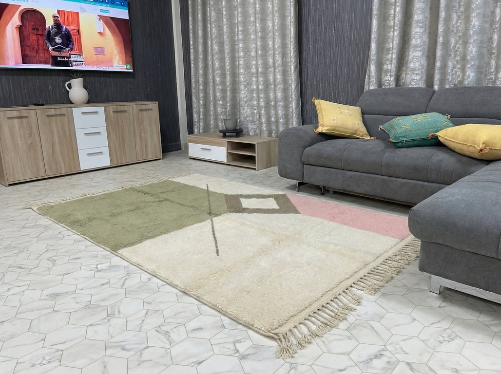 Custom Size Beni Ourain Rug - Moroccan Wool Rug in Sage & Pink Geometric