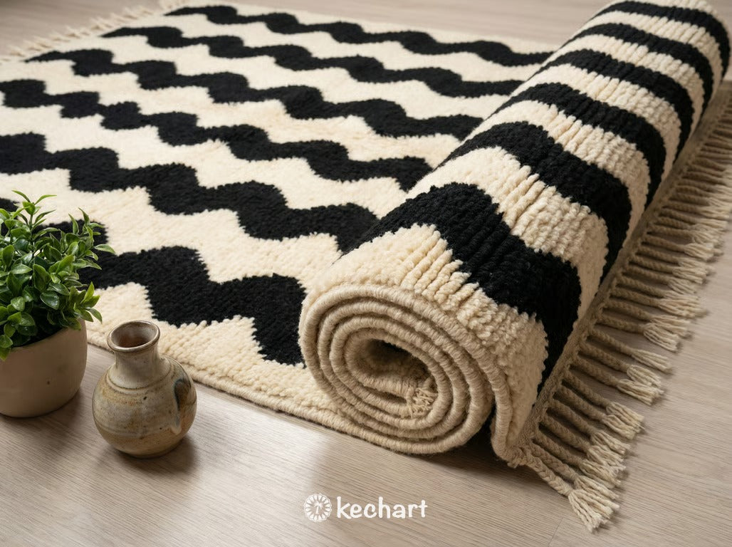 Custom Beni Ourain Rug - Handwoven Moroccan Wool in Cream & Black Diamond