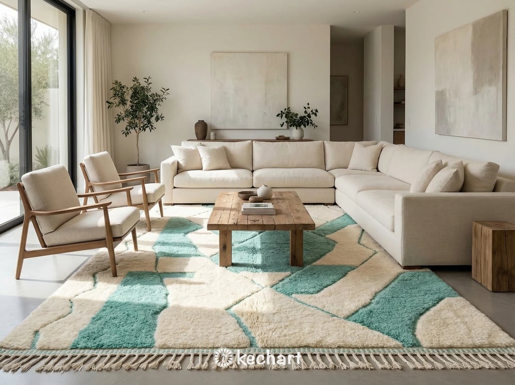 Soft wool Beni Ourain rug in cream and pastel mint used in a stylish nursery setting, providing a plush play area near a crib.