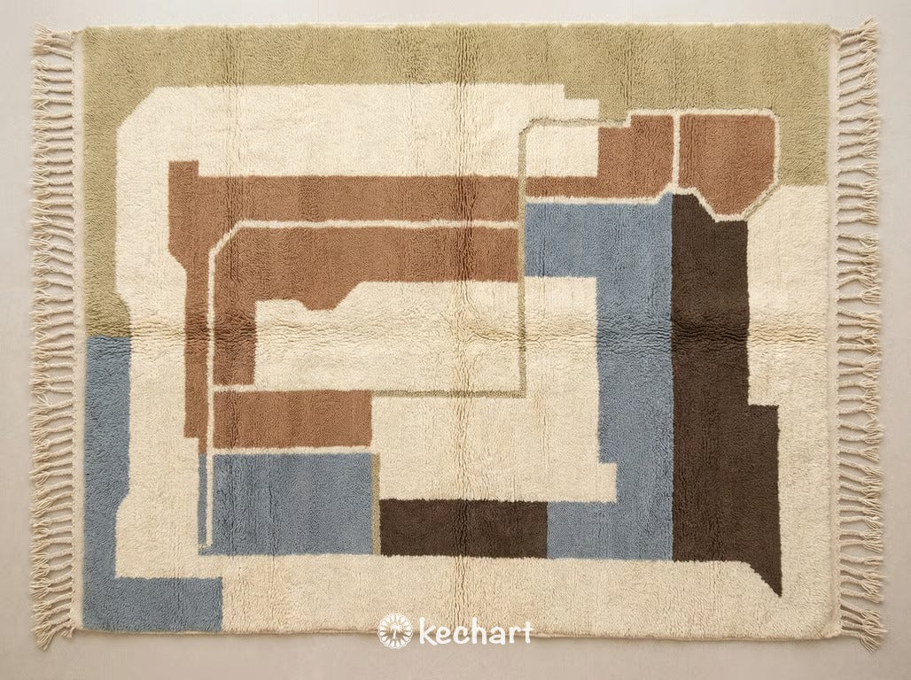Custom made Beni Ourain Moroccan wool rug showing plush texture and geometric diamond pattern in sand, sahara brown, and dusty blue grey tones with traditional fringe.