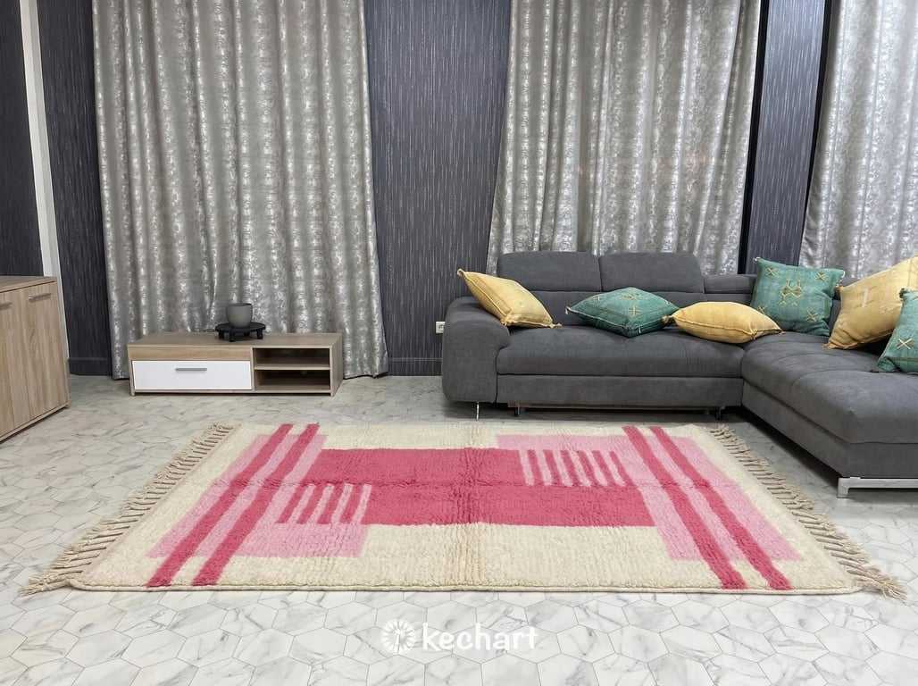 Custom Beni Ourain Rug - Soft White & Candy Pink Geometric Diamond Pattern