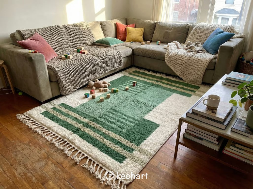 Custom Beni Ourain Rug - Plush Green Geometric Diamond Wool Rug, Made to Order