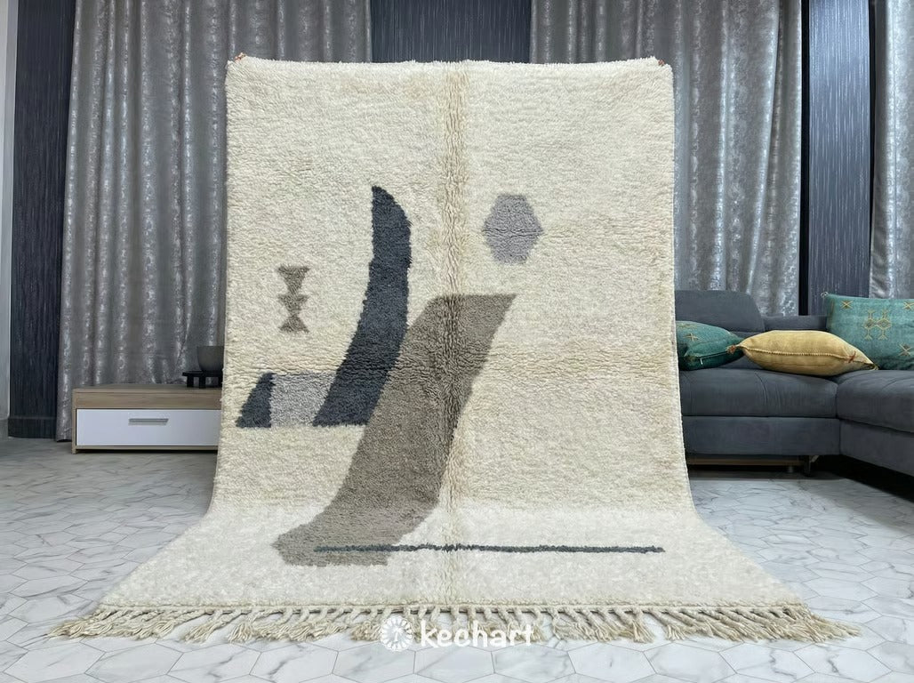 Styled interior view featuring a slate grey diamond patterned Moroccan wool rug in a Scandinavian inspired home office.