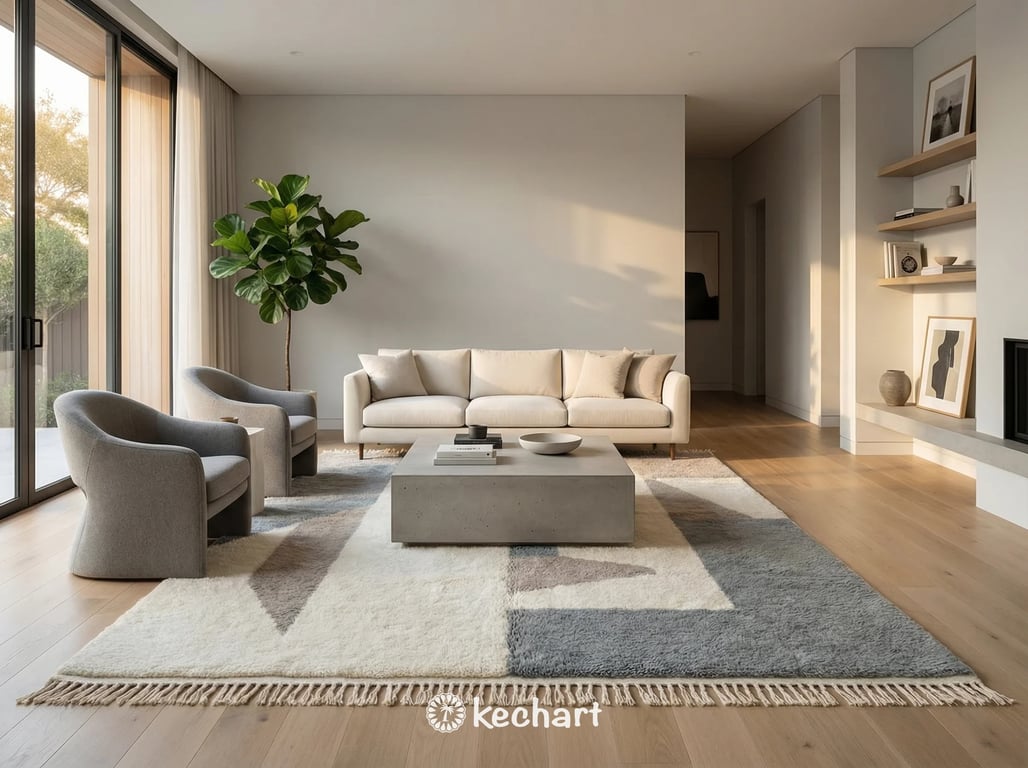 Handwoven Beni Ourain wool rug in a bohemian nursery setting, providing a soft play area with its thick pile and gentle grey and sand tones.