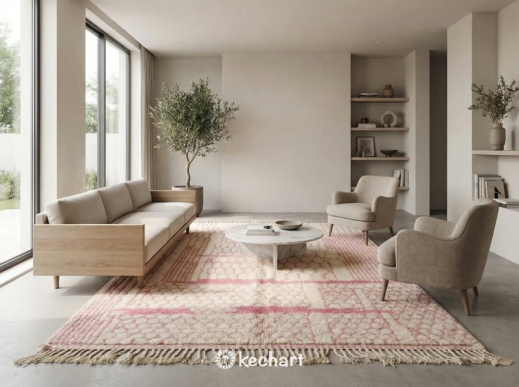 Large Custom Moroccan Shag Rug with Pink Geometric Diamonds Anchoring a Modern Bohemian Living Room with Neutral Sofa