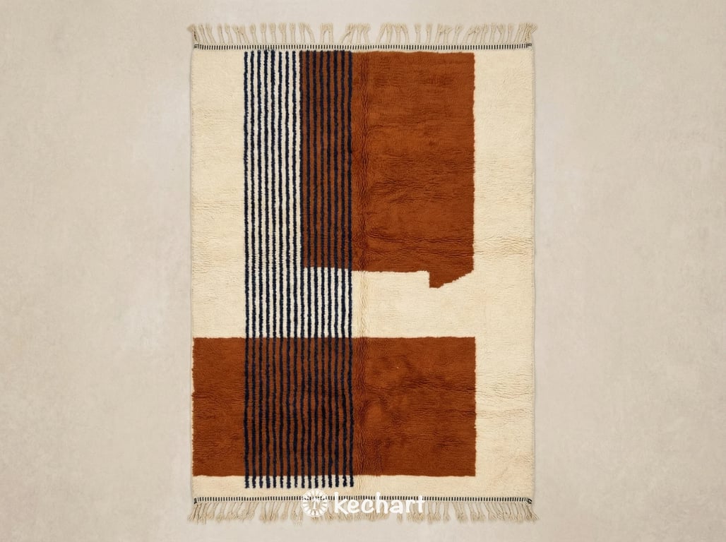 Custom made Beni Ourain rug flat lay showing plush wool shag texture, geometric diamond pattern in rust, midnight navy, and curry yellow on warm cream base with traditional fringe.
