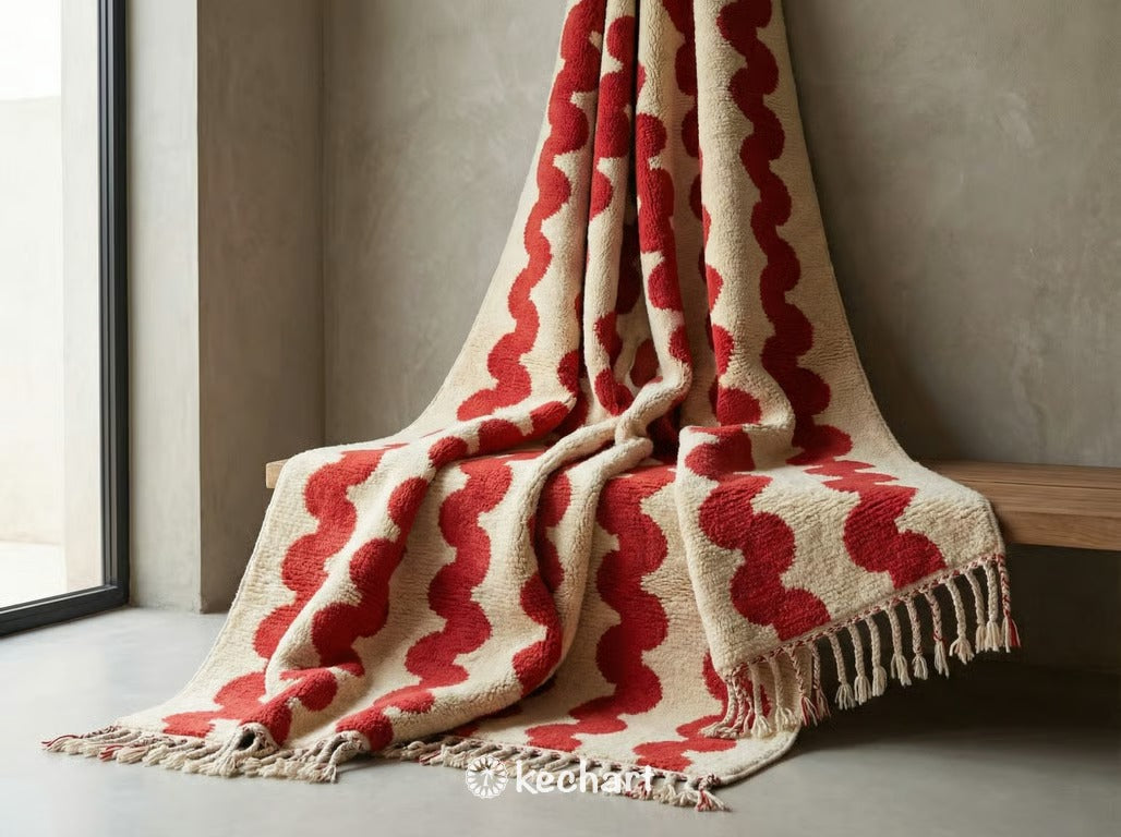 Custom Beni Ourain Rug - Cream & Red Geometric Wool - Made to Order
