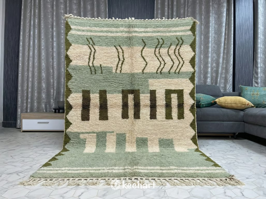 Close-up detail view of the hand-knotted high pile wool, highlighting the rich olive and sage yarn variations and authentic artisanal weave structure.