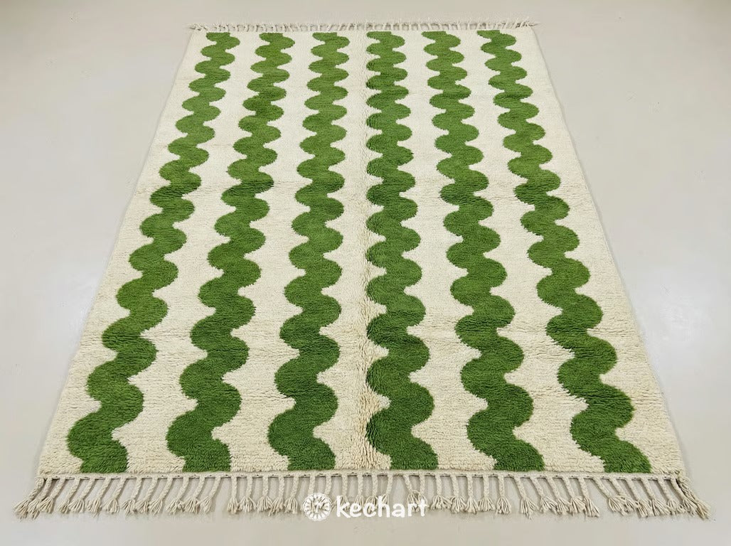 Custom Beni Ourain Moroccan Rug showing plush natural cream wool texture with vibrant leaf green geometric diamond patterns and traditional fringe.