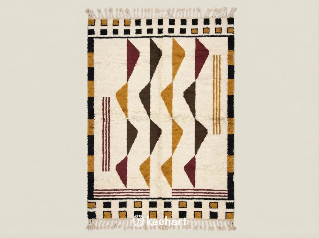 Custom made Beni Ourain Moroccan wool rug showing plush texture and geometric diamond pattern in Oxblood Red, Beige, and Earth tones with traditional fringe