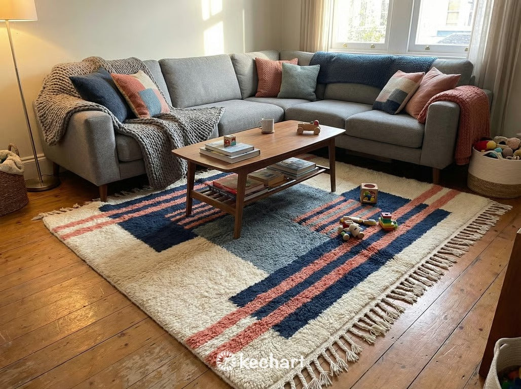Custom Beni Ourain Rug - Made to Order Moroccan Wool with Blue Diamond Pattern