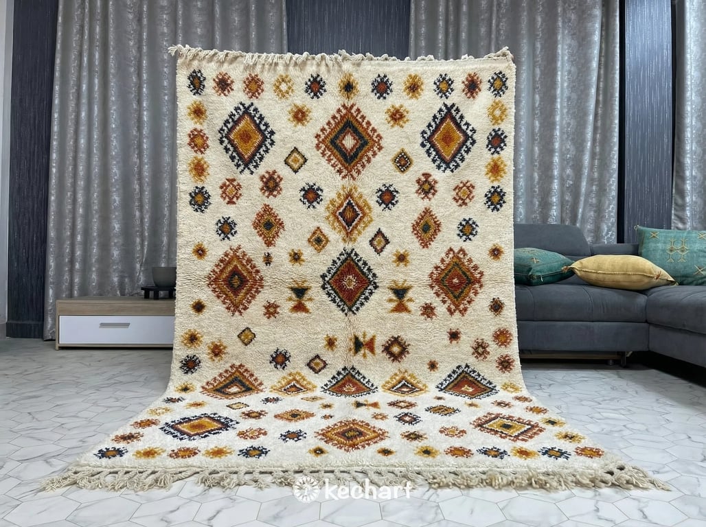 Large custom Beni Ourain rug placed under a bed in a tranquil master bedroom, adding texture with its thick wool pile and distinct navy and rust berber motifs.