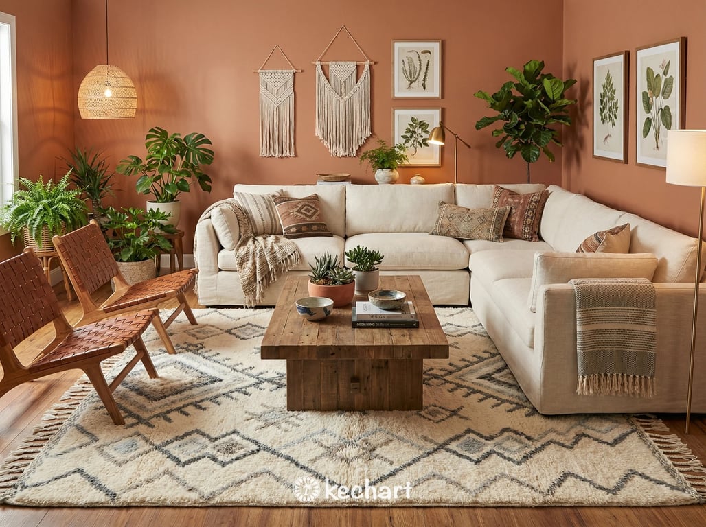 Plush grey Moroccan Beni Ourain rug with chevron design anchoring a modern minimalist living room with a white linen sofa and light wood coffee table.
