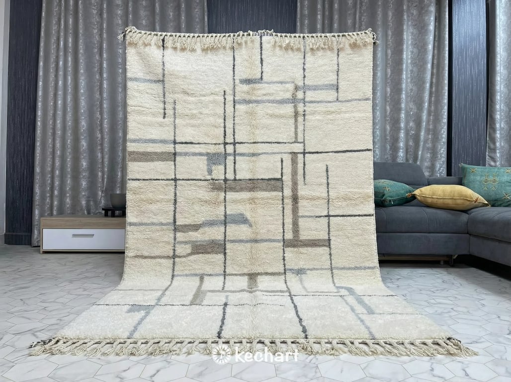 Custom size geometric Moroccan rug in soft grey and white used as a cozy statement piece in a Scandi-style nursery or modern home office.