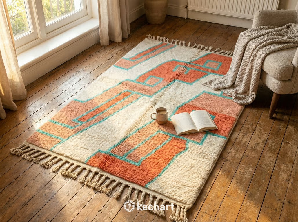 Custom Beni Ourain Moroccan Rug - Made to Order Wool Rug, Coral & Turquoise Diamond