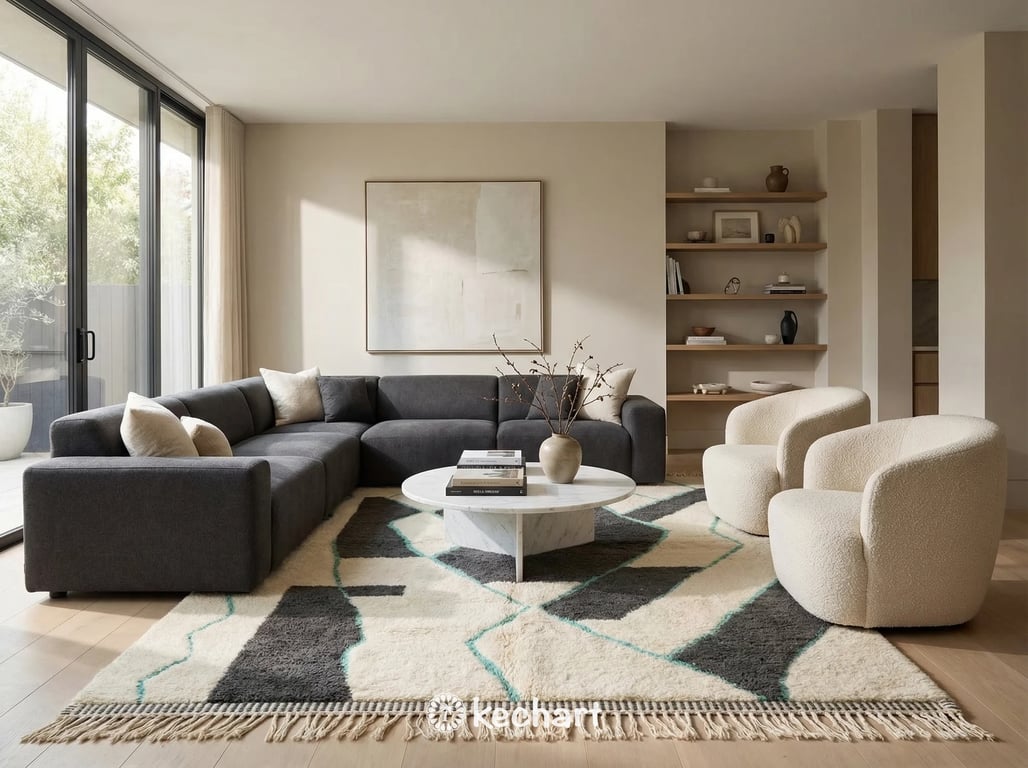 Close-up detail shot of the hand-knotted thick wool pile, showing the authentic craftsmanship of the natural cream base and the introduction of mint turquoise yarn.