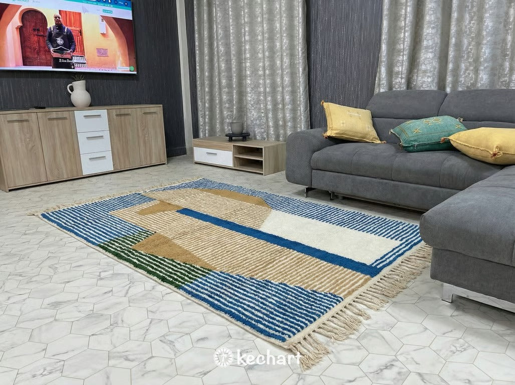 Custom Beni Ourain Rug - Handwoven Moroccan Wool, Blue & Gold Geometric Pattern