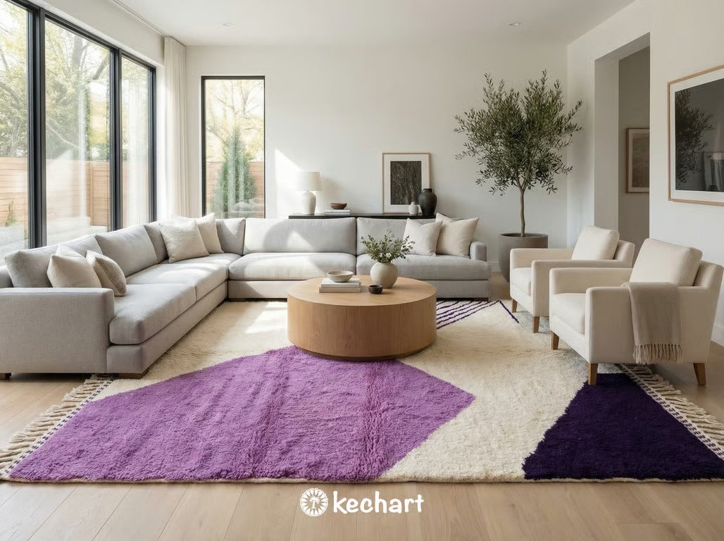 Boho chic bedroom design with a shaggy Moroccan wool rug in deep violet hues placed beneath a king-size bed, adding warmth and texture.