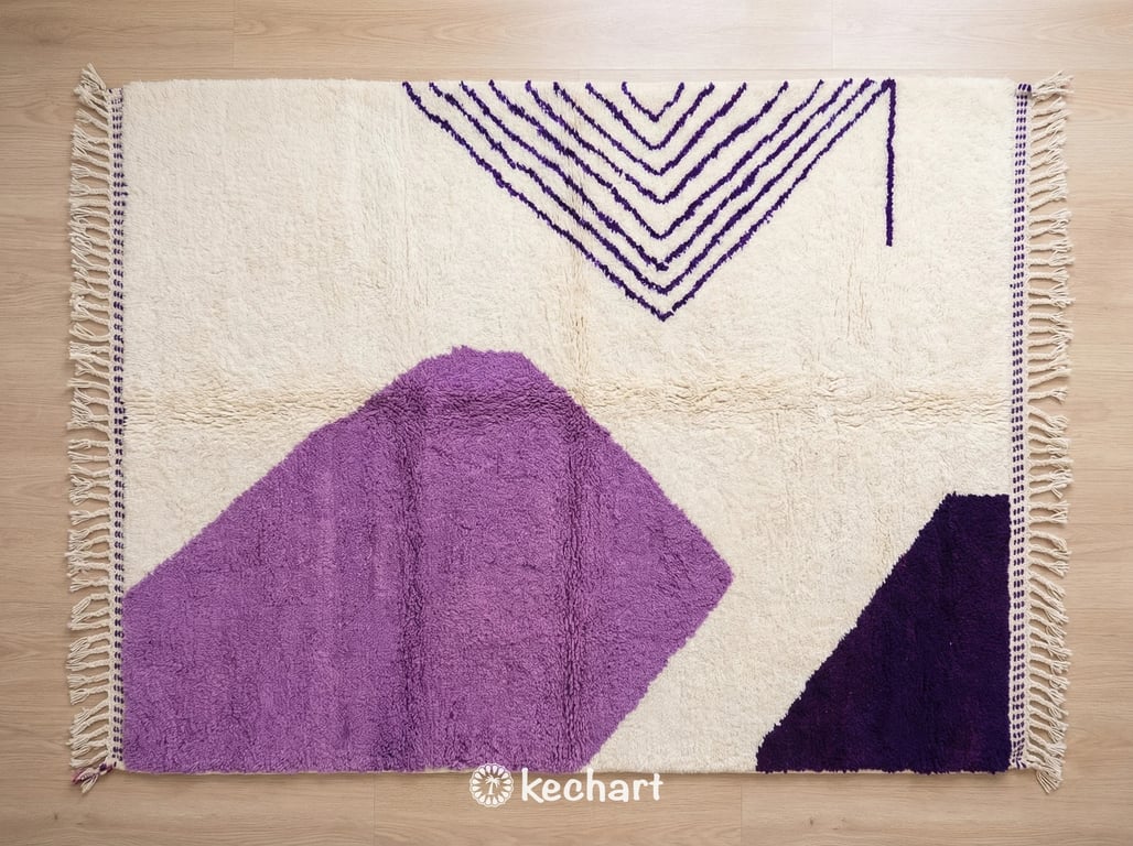 Custom made Beni Ourain Moroccan wool rug featuring deep viola, violet indigo, and dark blackberry geometric diamond patterns with a plush shaggy texture and traditional fringe.