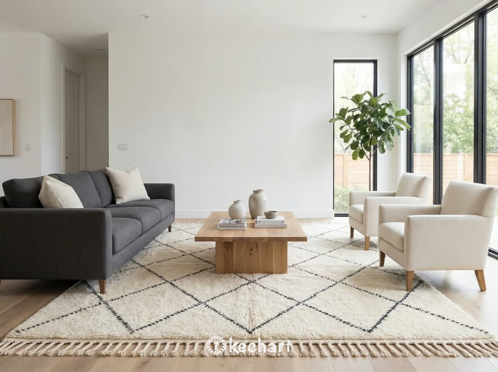 Plush cream and charcoal made-to-order Berber rug placed beneath a queen-sized bed in a minimalist, light-filled bedroom setting.