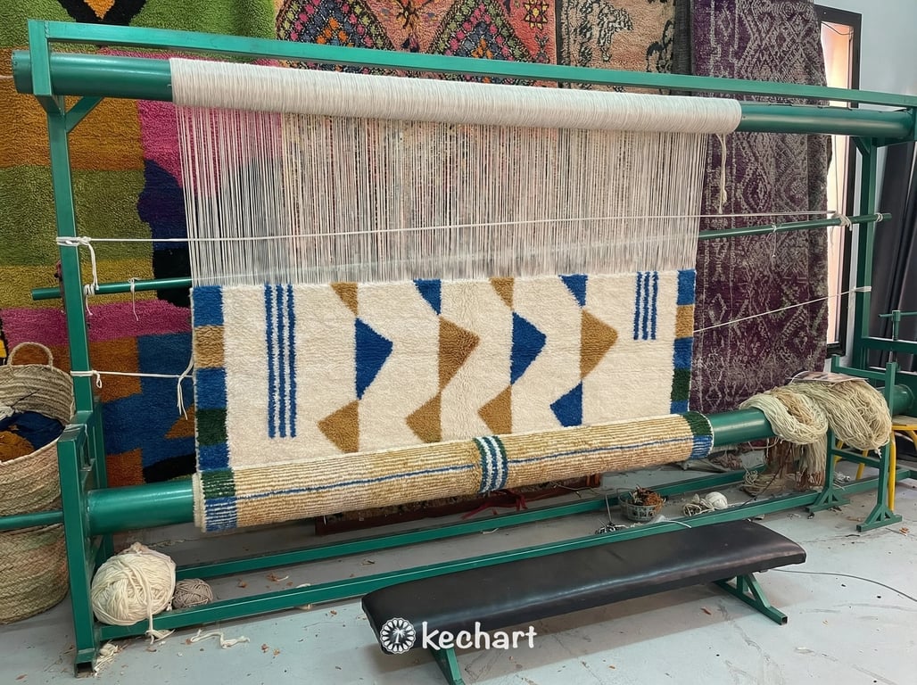 Custom Beni Ourain Rug - Made to Order Moroccan Blue & Gold Geometric Wool