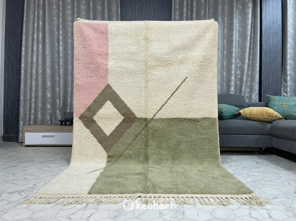 Custom Size Beni Ourain Rug - Moroccan Wool Rug in Sage & Pink Geometric