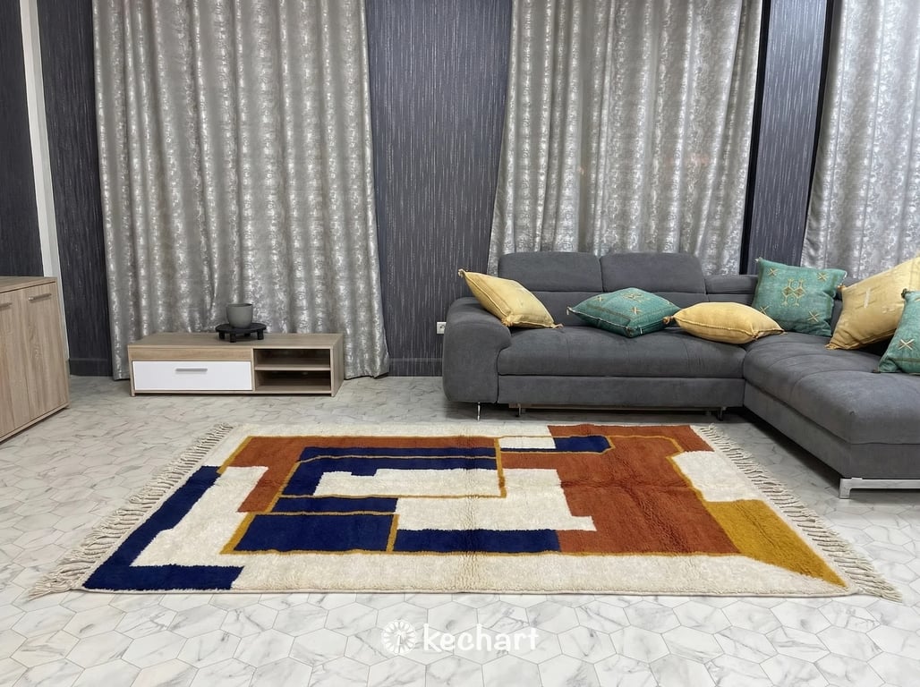 Custom Beni Ourain Rug - Made to Order Moroccan Wool with Rust & Navy Geometrics