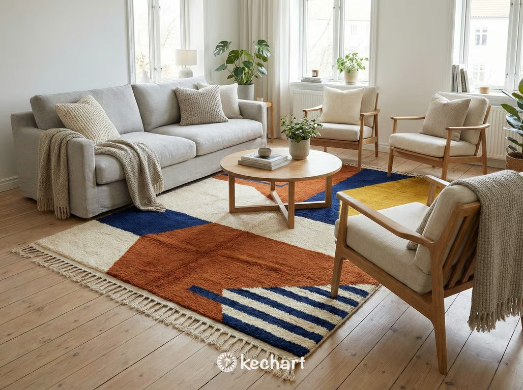 Custom Beni Ourain Rug - Handwoven Moroccan Wool, Rust & Cream Diamonds