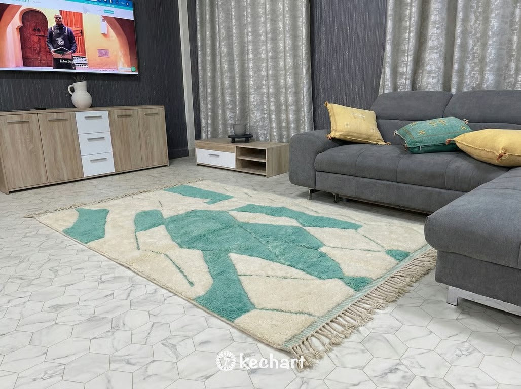 Custom Size Beni Ourain Rug - Authentic Moroccan Wool, Cream & Mint Geometric