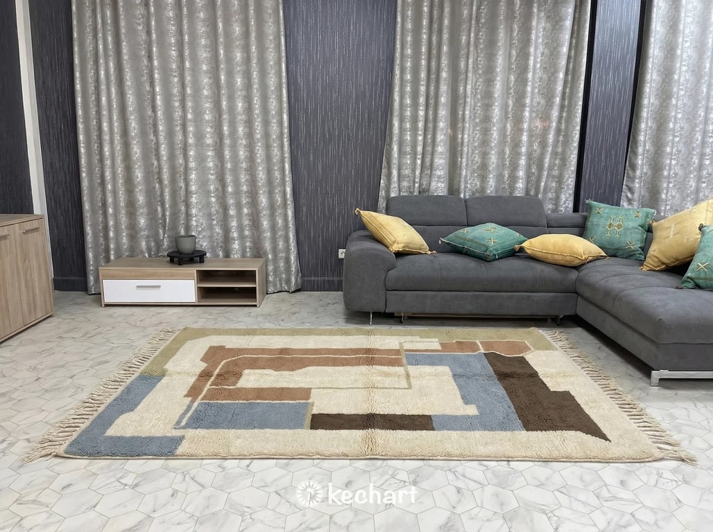 Custom Beni Ourain Moroccan Rug - Sand & Dusty Blue Geometric Wool Area Rug