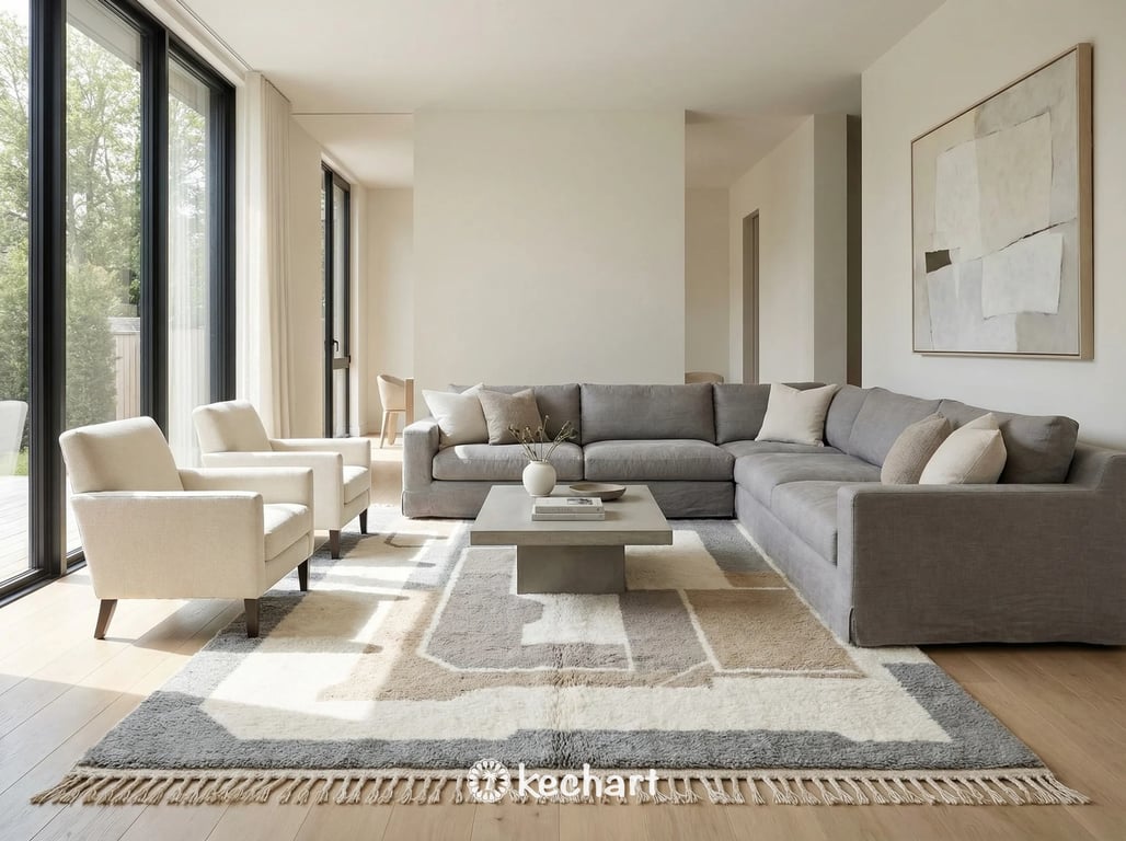 Large custom Moroccan shag rug in a minimalist living room setting, anchoring a white linen sofa and light wooden coffee table. The soft grey and taupe diamond pattern adds texture to a neutral space.