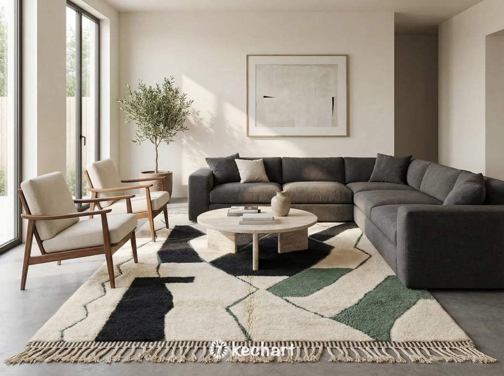 Modern living room featuring a large, made-to-order Beni Ourain area rug in cream, charcoal, and silver pine geometric design anchored under a contemporary sofa.
