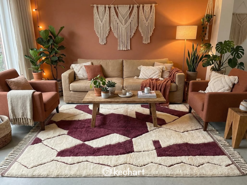 Close-up detail shot of hand-knotted high pile sheep wool showing the thick shaggy texture and vibrant Bordeaux color against natural cream fleece.